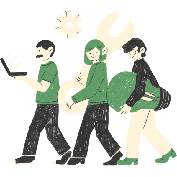 A team carrying tools and a laptop